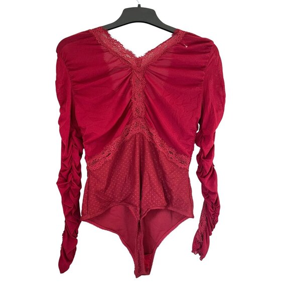 Free People Forever Young Red Lace Long-Sleeve Bodysuit Size Large - Picture 3 of 12